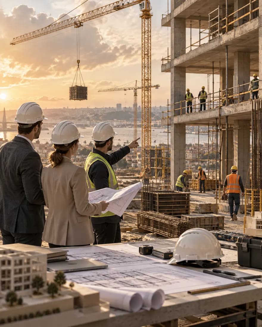 Baretli üç kişi yükselen bir betonarme bloğu inceliyor; ellerinde proje çizimi, arkada kule vinçler