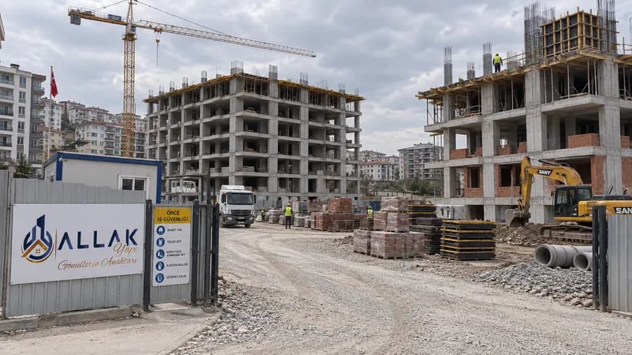Şantiye giriş kapısındaki Allak Yapı tabelası; arkada kule vinç altında yükselen iki konut bloğu
