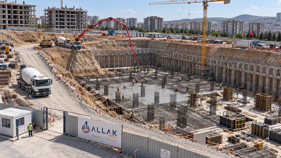 Derin kazı çukurunda temel betonunu döken pompa ve mikser; kolon donatıları ve kalıplar sahaya dizili