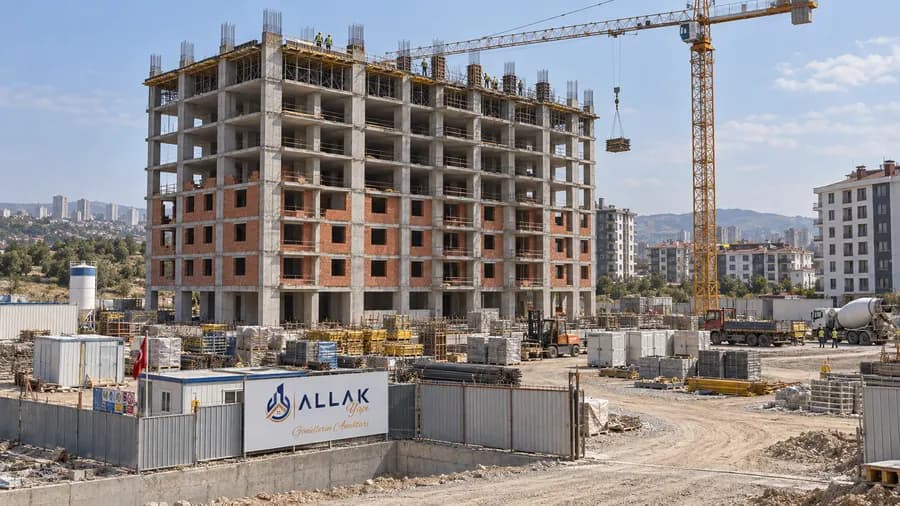 Betonarme karkası tamamlanmış yüksek blokta kat kat örülen tuğla dolgu duvarlar