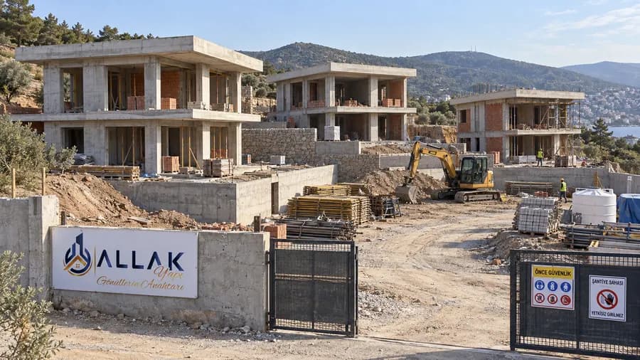 Zeytinlik yamaçta kaba inşaatı süren müstakil villalar ve aralarındaki istinat duvarları