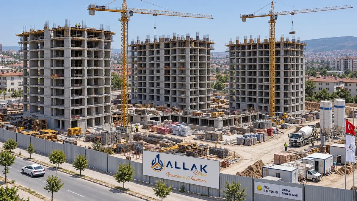 Üç konut bloğunun aynı anda yükseldiği şantiye; kule vinçler, kalıp sahası ve beton mikseri