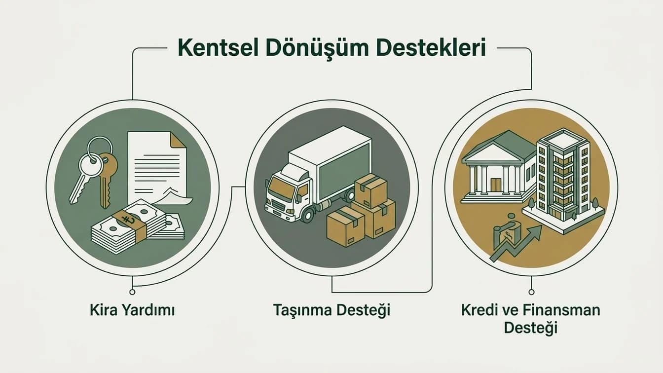 Üç daire içinde destek türleri: anahtar, kira belgesi ve para destesiyle kira yardımı; kamyon ve kolilerle taşınma desteği; banka binası, yükselen ok ve yeni yapıyla kredi ve finansman desteği.