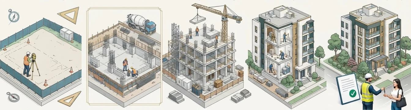 Soldan sağa beş sahne: çitle çevrili boş arsada nivo ile ölçüm, donatılı temel ve beton mikseri, vinçle yükselen karkas, iç imalatları süren bina kesiti, tamamlanmış binanın önünde anahtar teslimi.