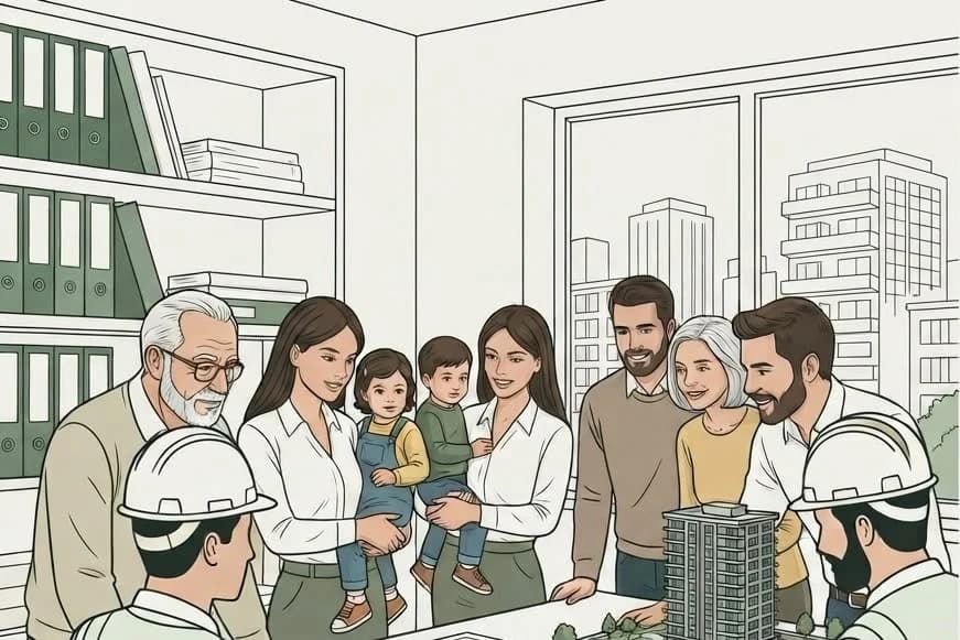Toplantı masasında vaziyet planı ve bina maketi başında projeyi inceleyen üç kuşaktan malik ailesi; masanın karşısında onlara anlatan baretli proje ekibi.