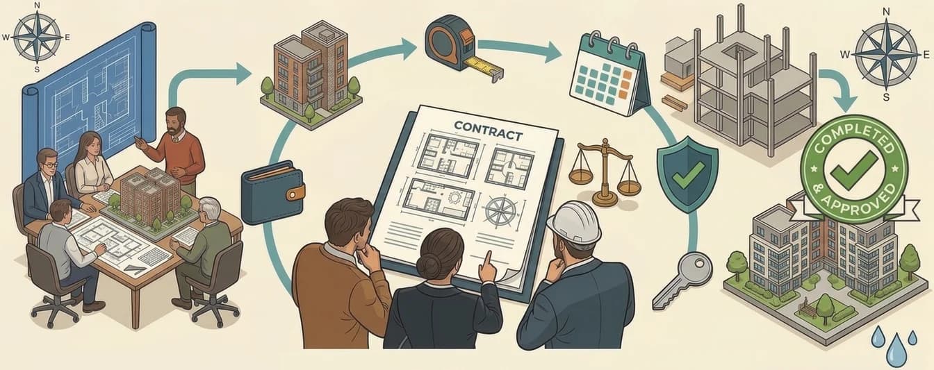 Toplantı masasında maketle proje sunumu ve ortada kat planlarını taşıyan sözleşme dosyasını inceleyen üç kişi; çevrelerinde terazi, teminat kalkanı, anahtar ve tamamlanmış bina.