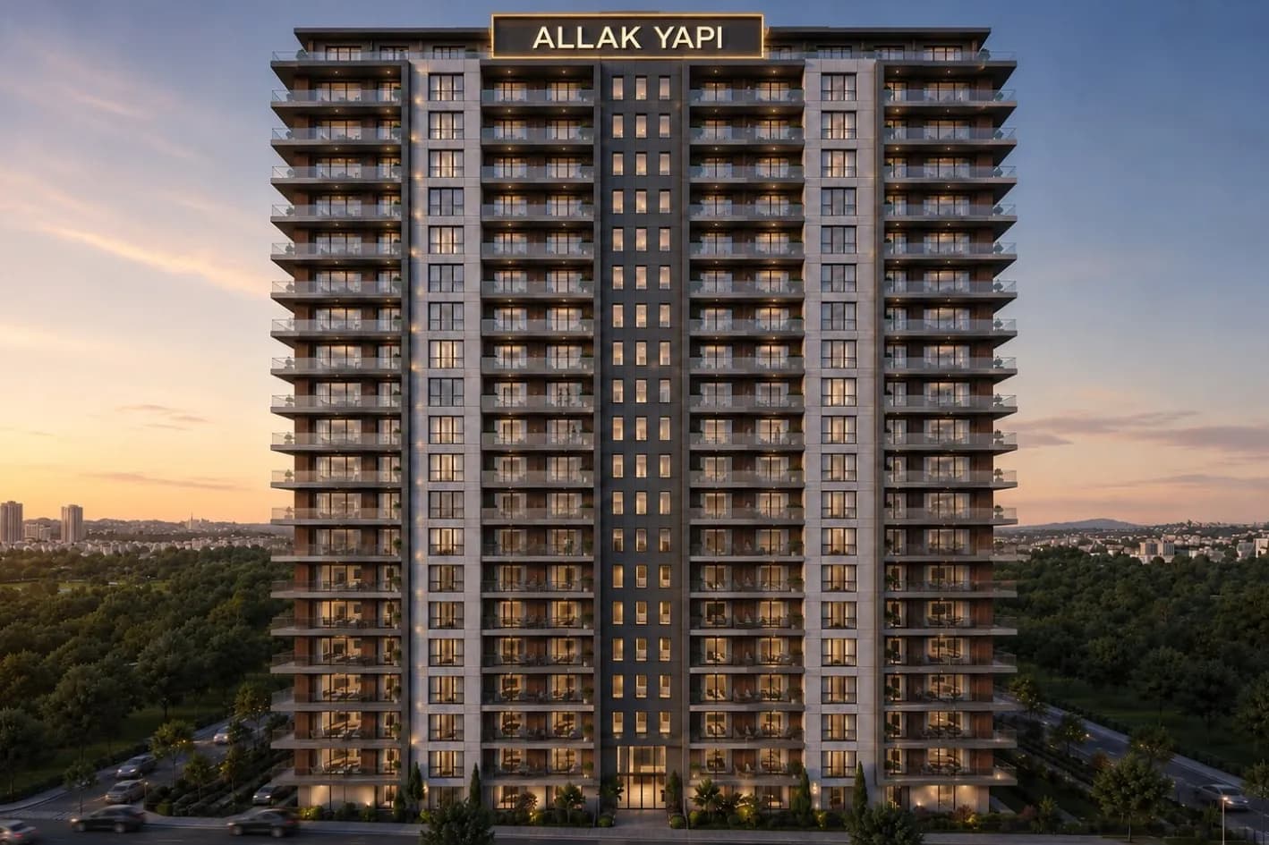 Miray Elite'in simetrik yüksek blok cephesi, gün batımında aydınlatılmış balkonlarıyla