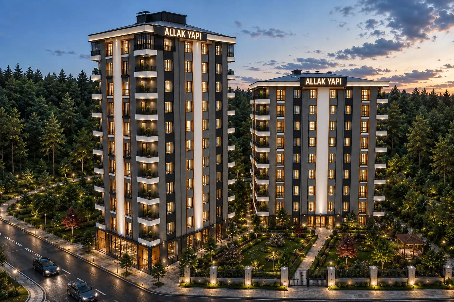 Miray Life'ın orman kenarındaki iki bloğu, gün batımında aydınlatılmış cepheleriyle